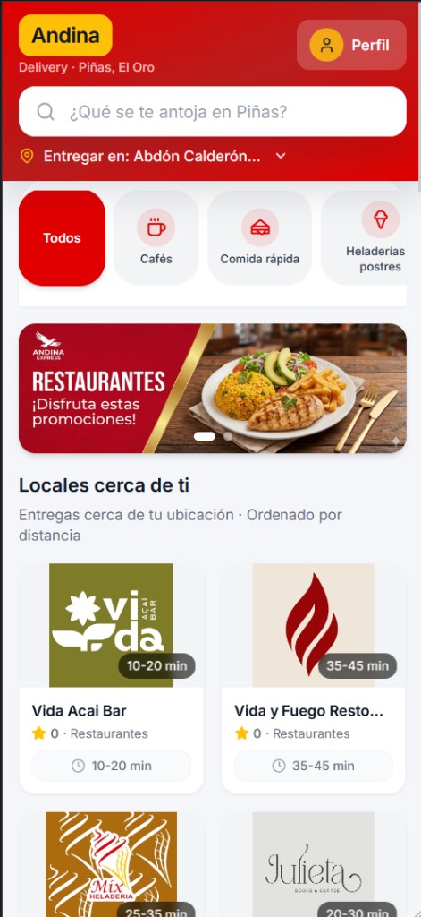 Vista previa de la app Andina Delivery